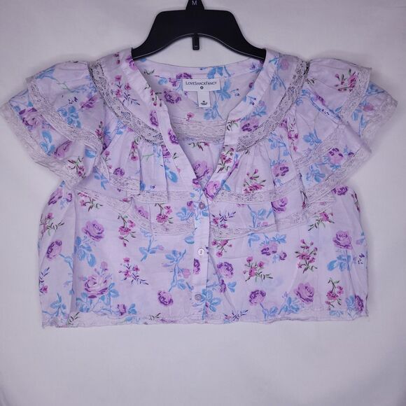 Love Shack Fancy Blouse Medium Pink Floral Ruffle Cropped - Picture 1 of 10